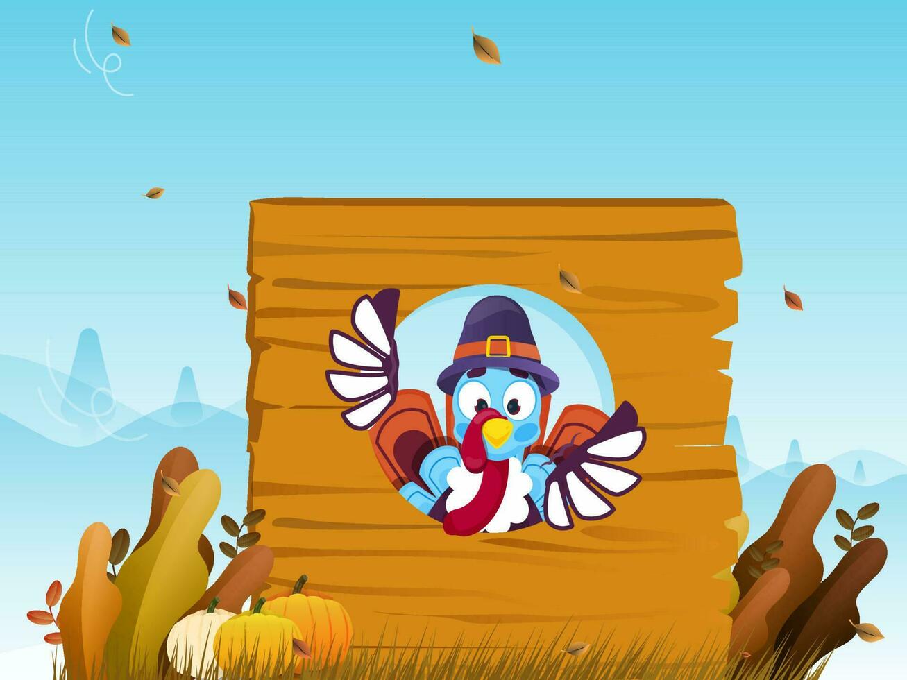 Illustration of turkey bird with pumpkins, autumn leaves and wooden board given for your message on blue landscape background. vector