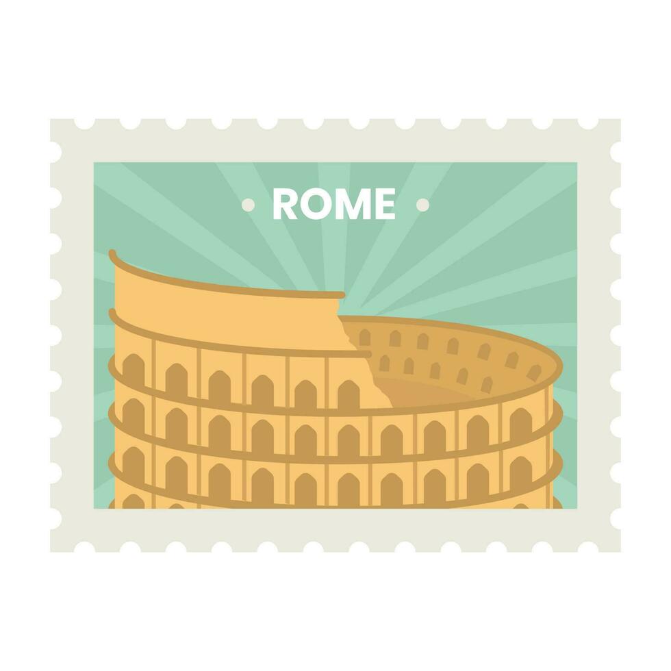 Orange Colosseum Against Green Rays Background For Rome Stamp Or Label Design. vector