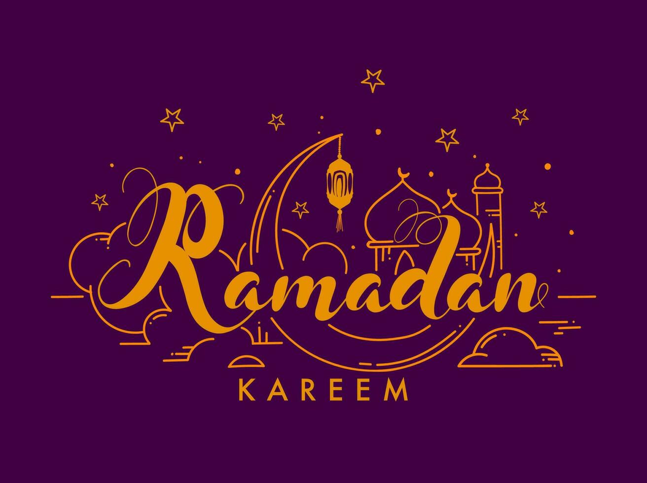 Ramadan Kareem Font with Crescent Moon, Arabic Lantern and Mosque in Yellow Line Art on Purple Background. vector