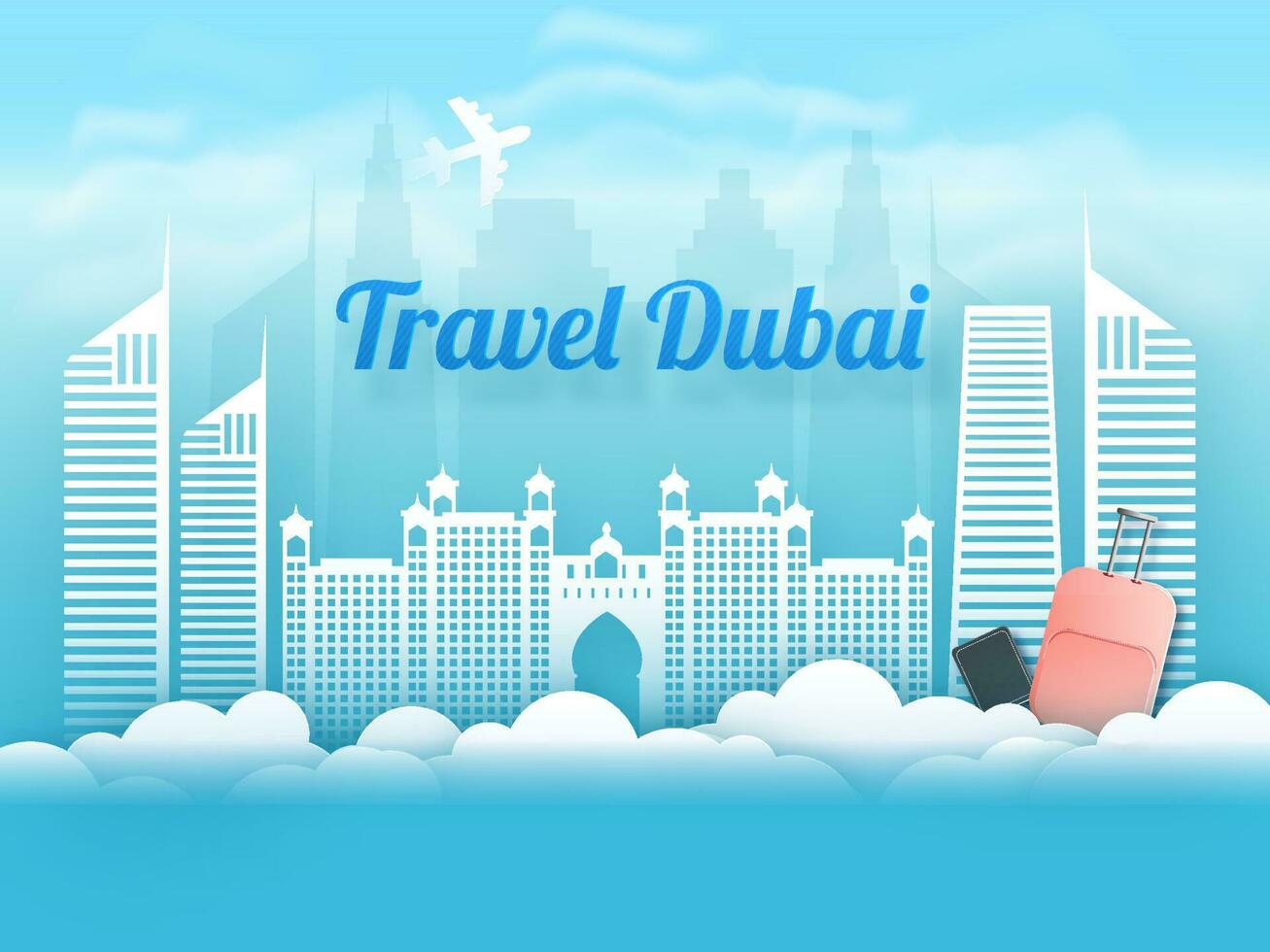 Paper cut stylish blue poster or banner design with illustration of Dubai famous building vector