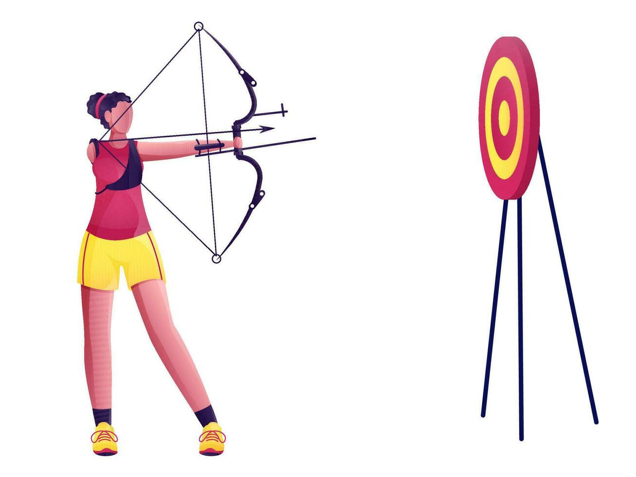 Disabled Young Girl Taking Aim From Bow Arrow in Dartboard on White Background. vector