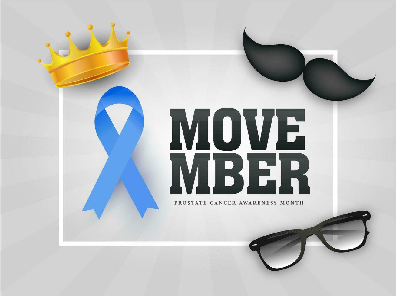 Typography of Movember with Aids ribbon, mustache, eyeglases and golden crown illustration on grey rays background for Prostate Cancer Awareness Month concept. vector