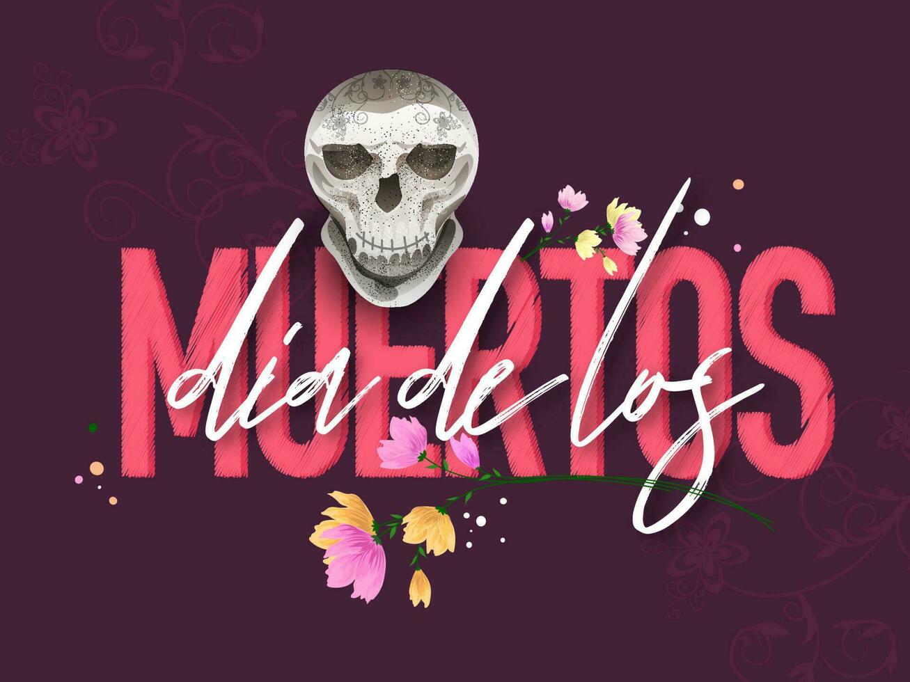 Stylish text of Dia De Los Muertos with skull on purple floral background for Day of the dead banner or poster design. vector