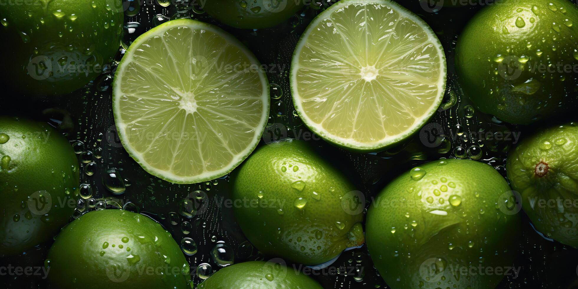 . . Macro shot photography of slices limes green tropical fruits. Graphic Art photo