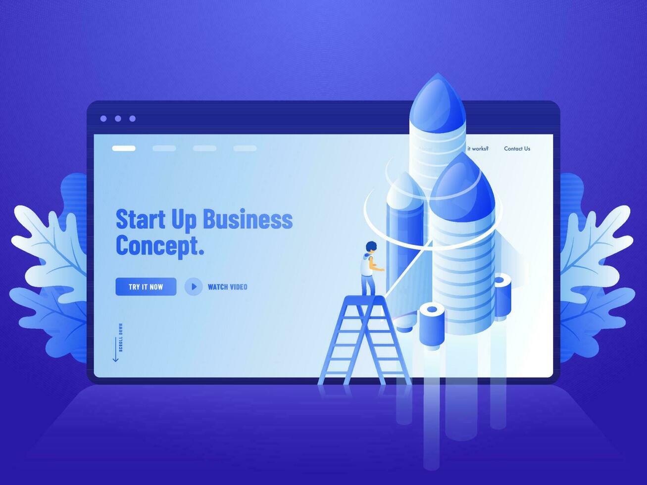 Advertising blue website poster or landing page design, 3d illustration of human standing on ladder with rocket for Start Up Business concept. vector