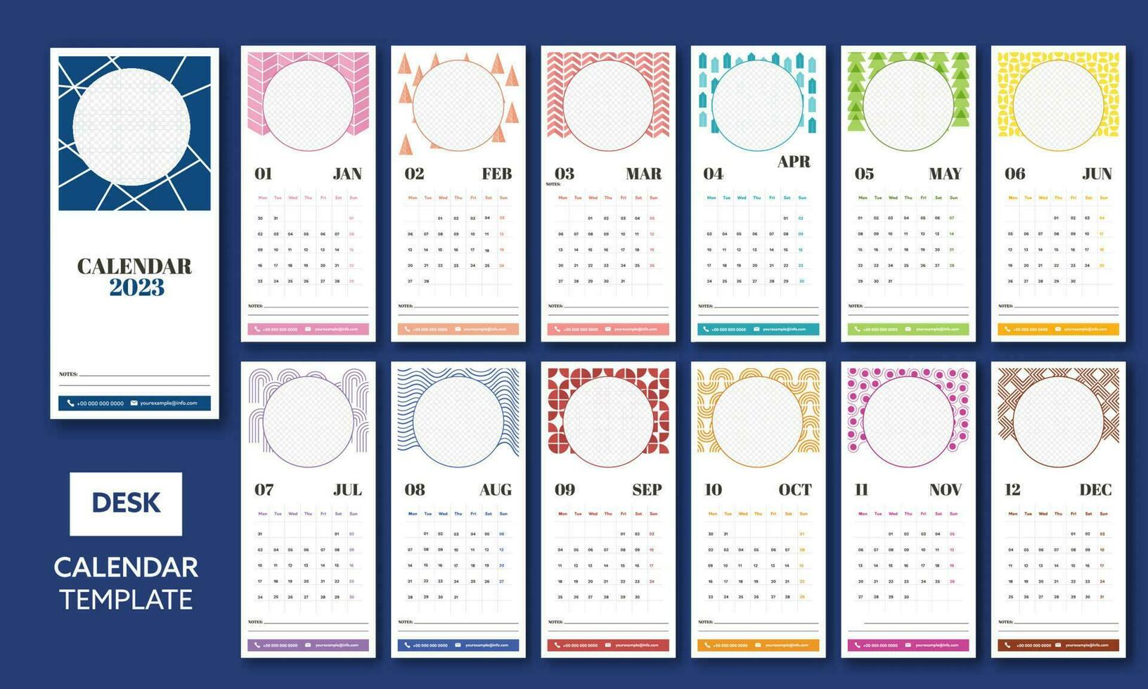 Complete Set Of 12 Month, 2023 Desk Calendar Template Design With Empty Circular Frame For Image Or Text. vector