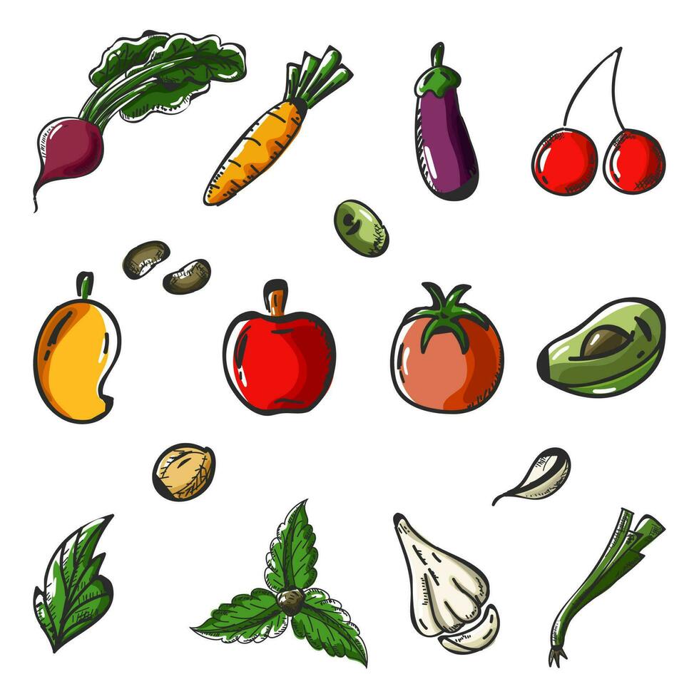 Colorful doodle element fruit and vegetable set. vector