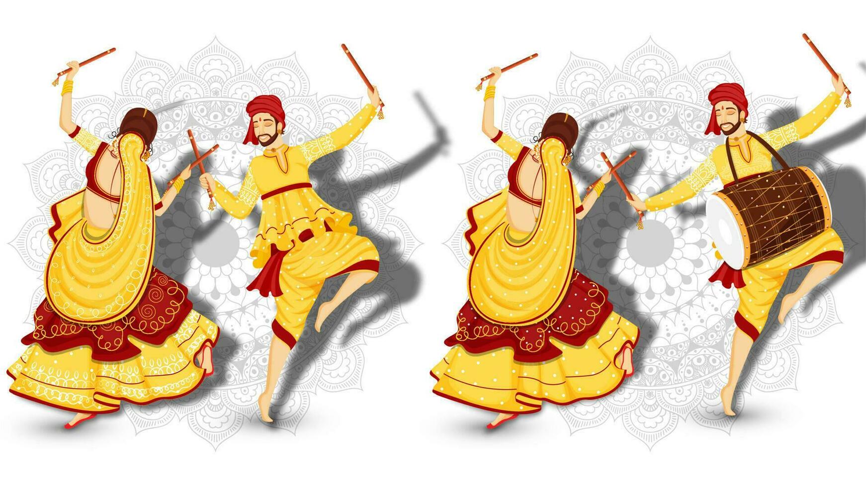 Set of man and woman dancing in dandiya pose, drummer playing drum on white mandala floral background for festival celebration concept. vector