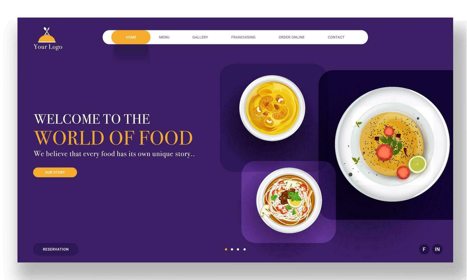 World Of Food Landing page design with presenting different dishes on purple background. vector