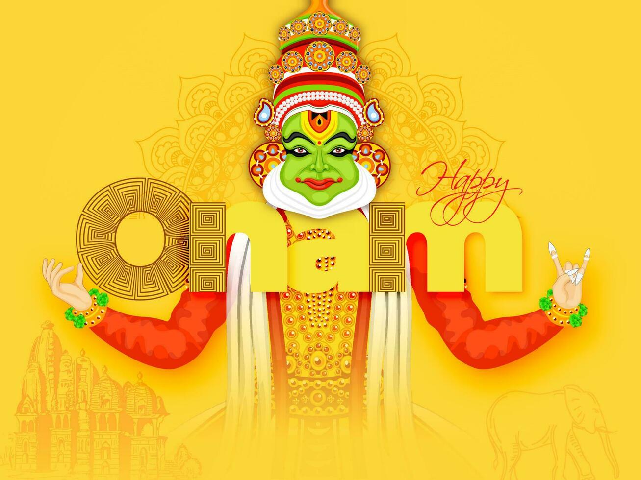 creativo bandera o póster diseño con ilustración de Kathakali bailarín en amarillo antecedentes para contento onam festival. vector