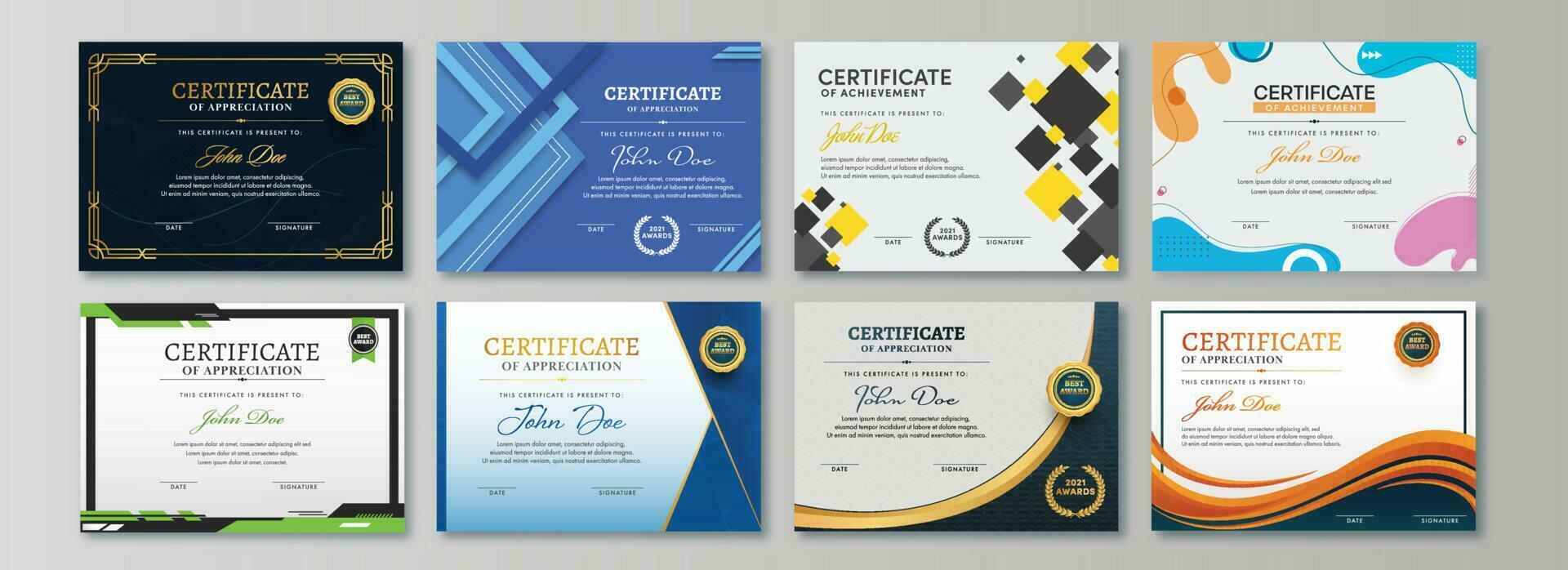 Appreciation and Achievement Certificate Template Design in Eight Options. vector