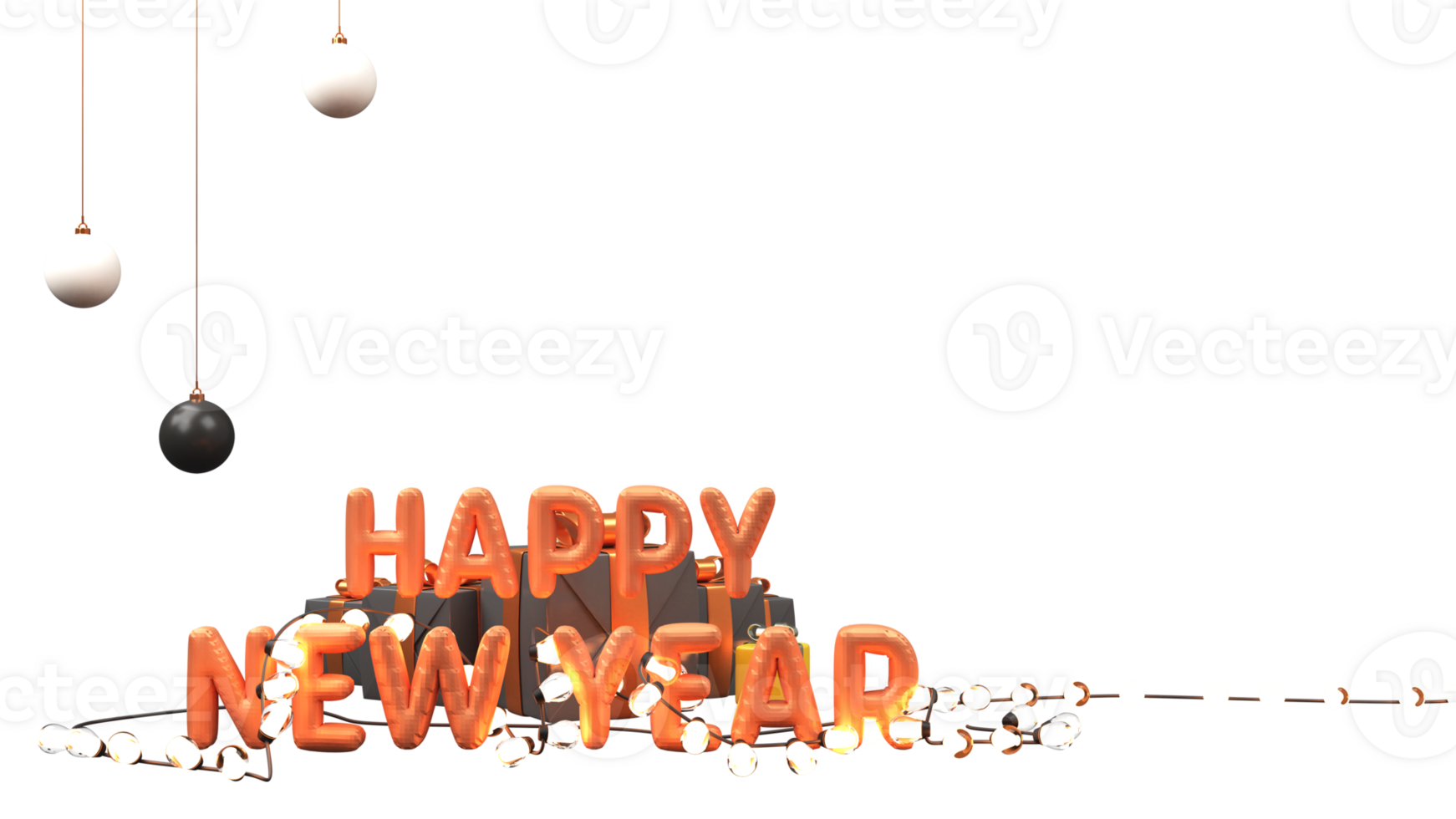 Happy New Year Text and Podium on PNG Background.