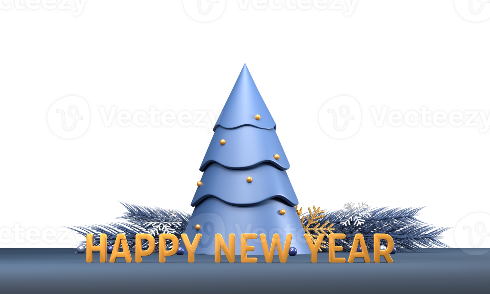 3d golden glücklich Neu Jahr Text mit Weihnachten Baum, Schneeflocken, Tanne Blätter. png