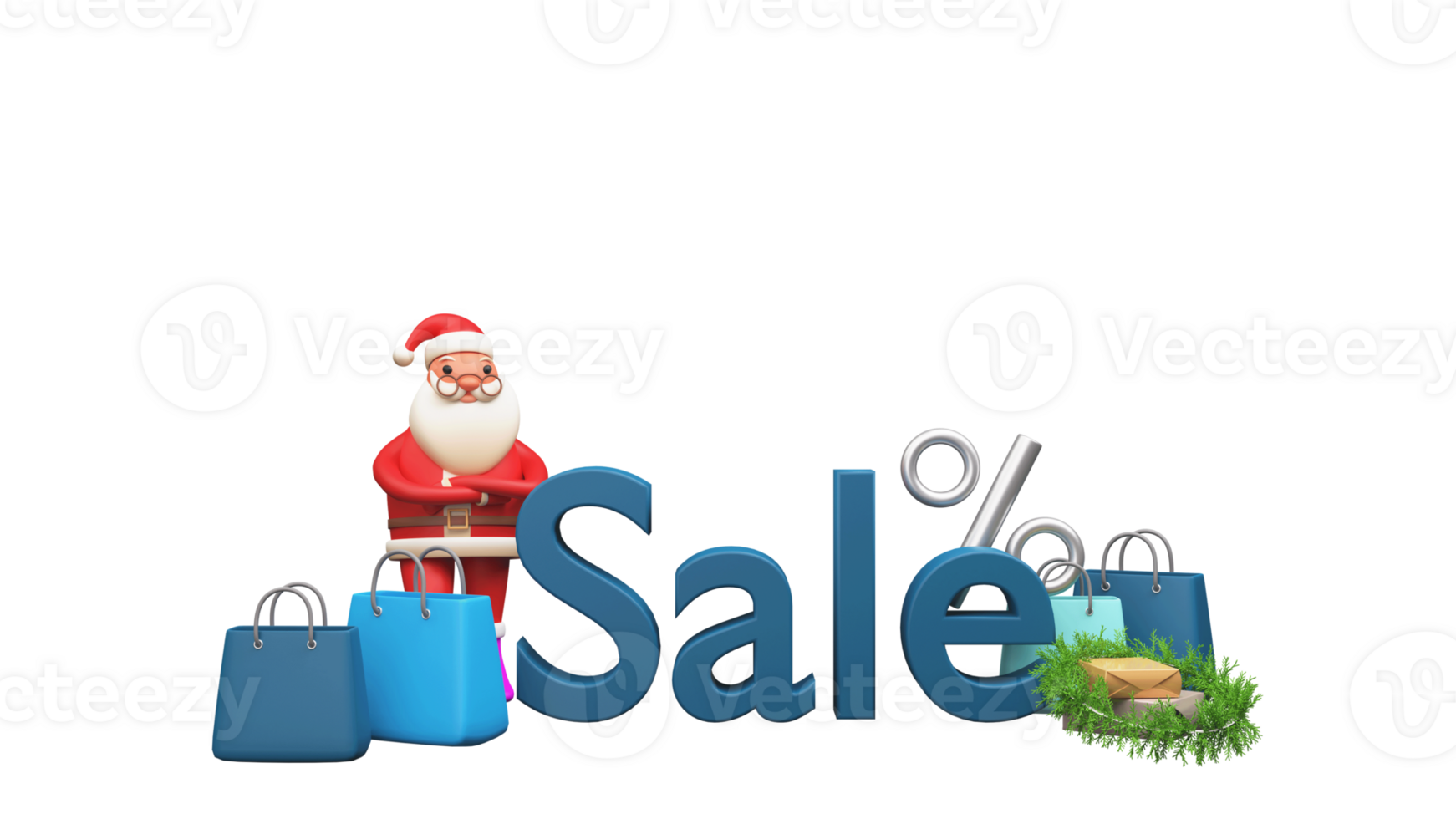 3D Render, Santa Claus, Shopping Bags, Parcel Boxes, Percentage Sign And Fir Leafs. png
