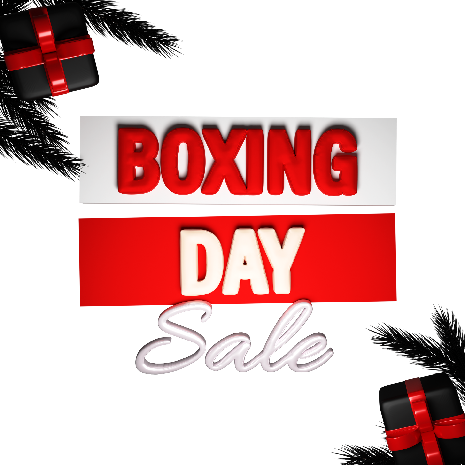 Boxing Day Sale Text with Gift Box and Fir Trees on PNG Background