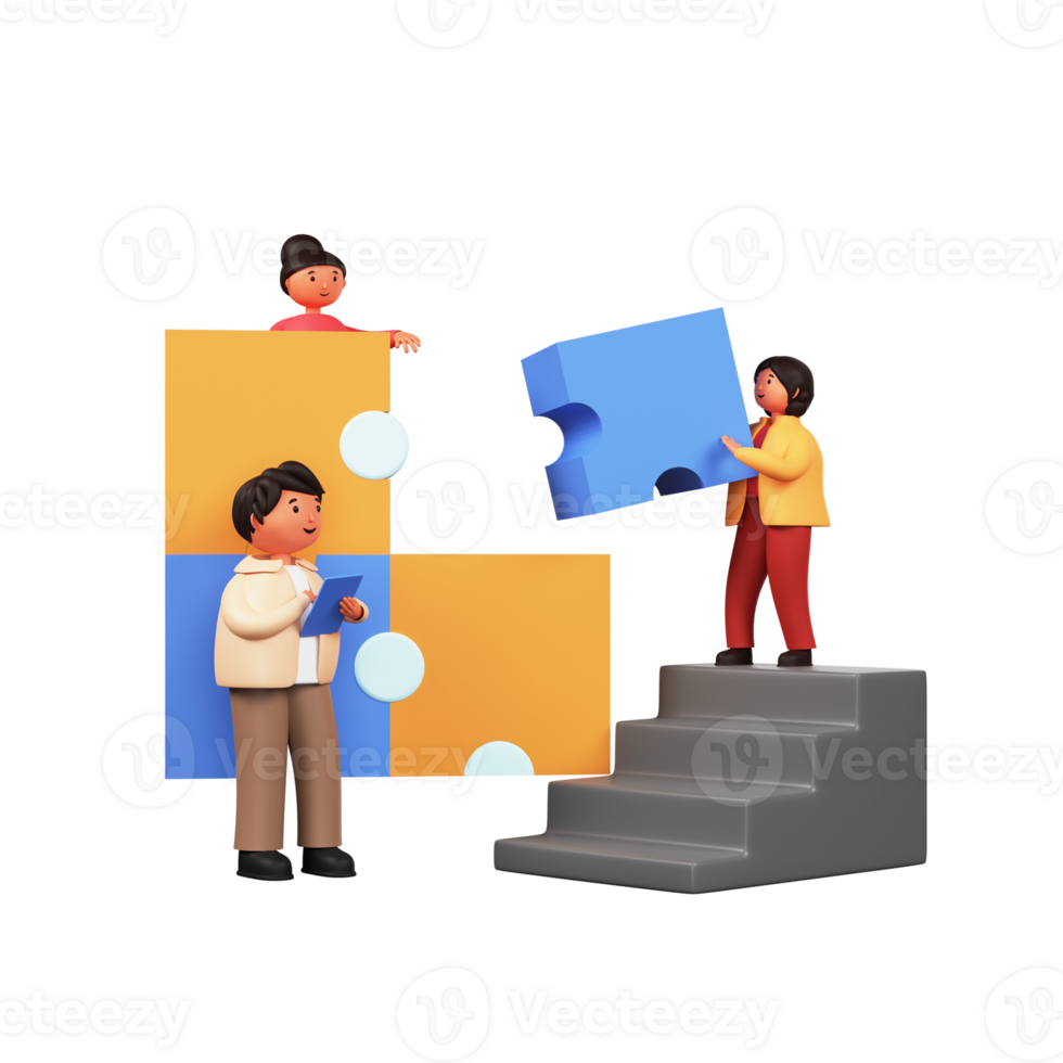 3D Render of Business People Assembling An Idea Together By Solving Jigsaw Puzzle And Staircase. png