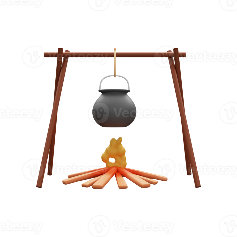 3D Rendering Food Pot Hang On Bonfire. png