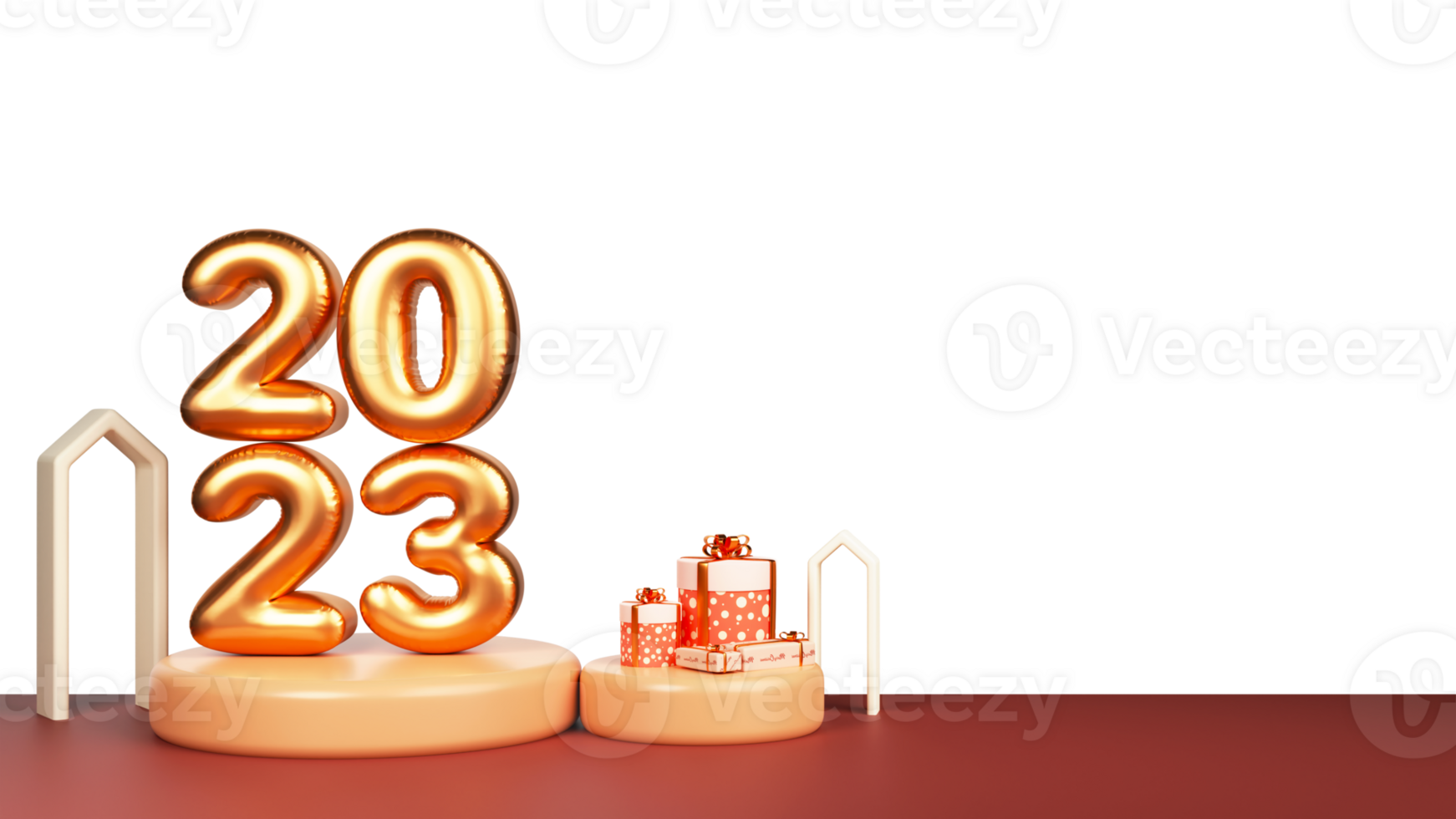 3D Golden Balloon 2023 Number Over Podium With Gift Boxes, Arch Shape And Illuminated Light Bulbs. png