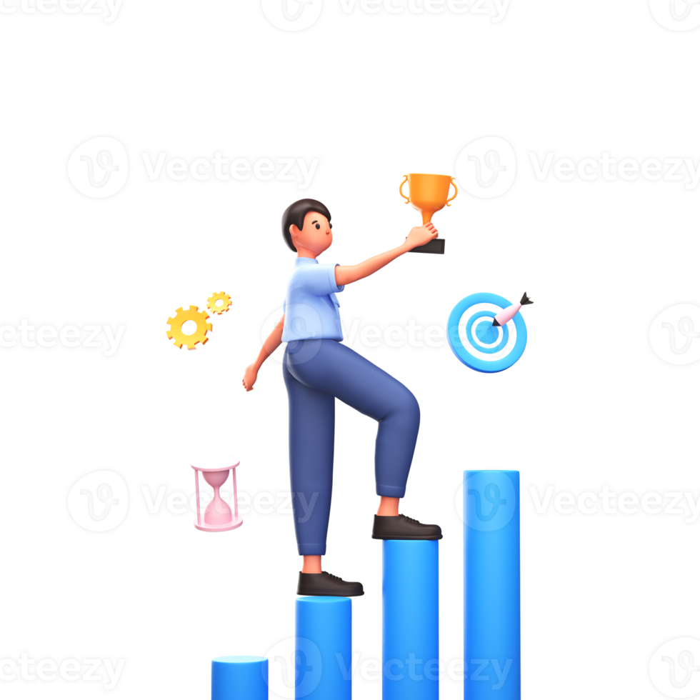 3D Render of Businessman Holding Trophy Cup At Bar Graph With Target Board, Cogwheel, Hourglass png