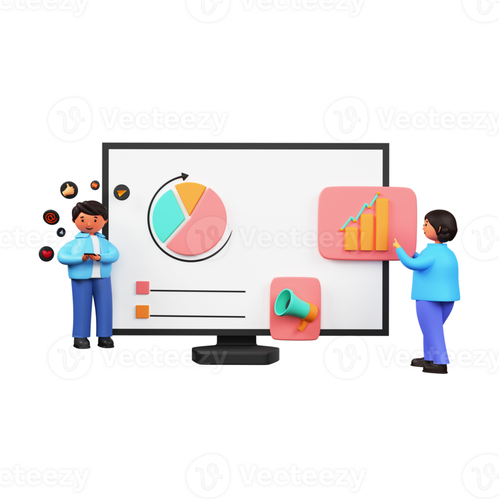 3d rendere di uomo d'affari e donna presentazione Infografica diagramma a partire dal desktop. png