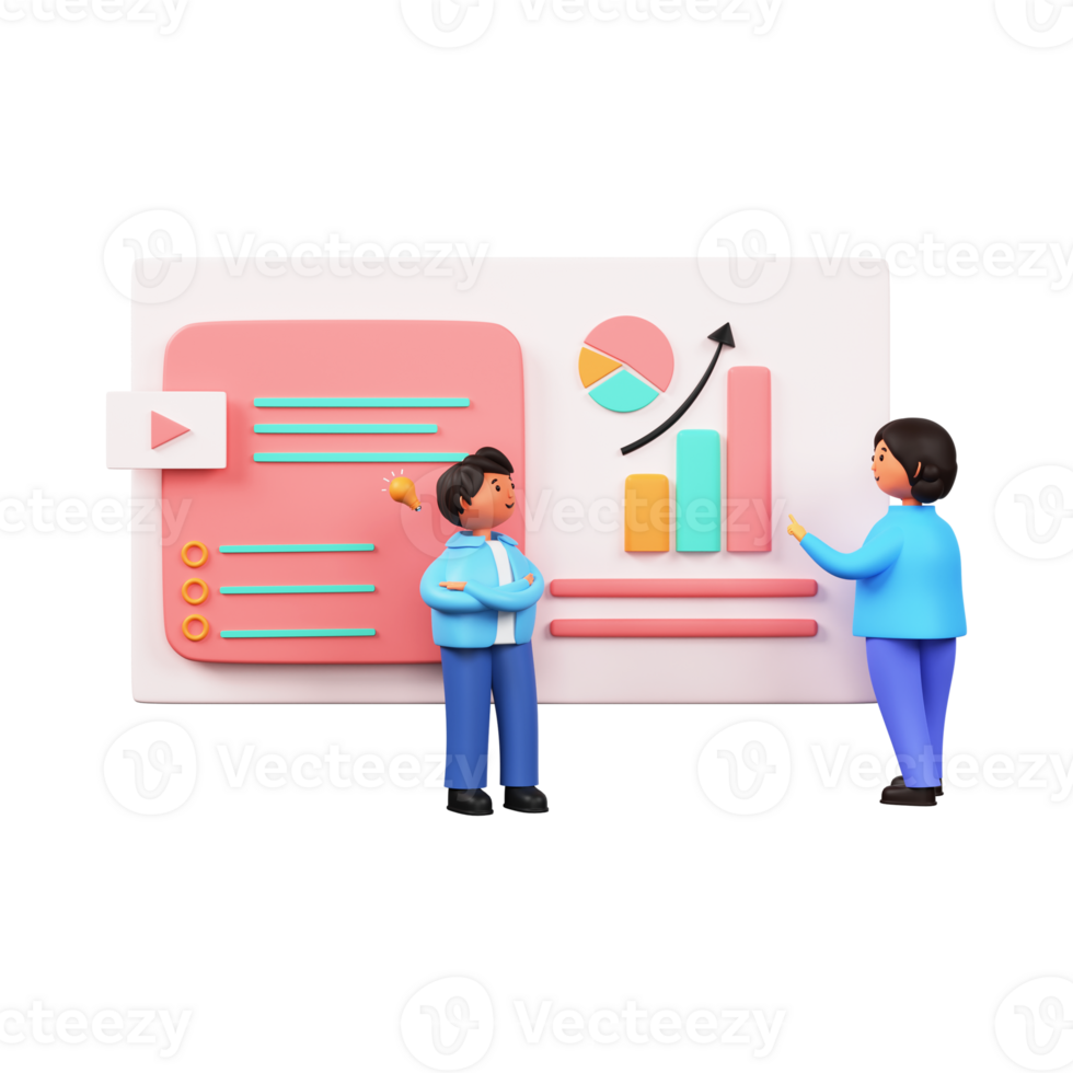 3D Render of Businessman And Woman Presenting Data Analysis Chart. png
