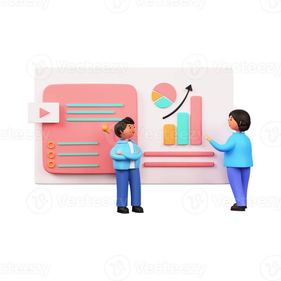 3d geven van zakenman en vrouw presenteren gegevens analyse grafiek. png