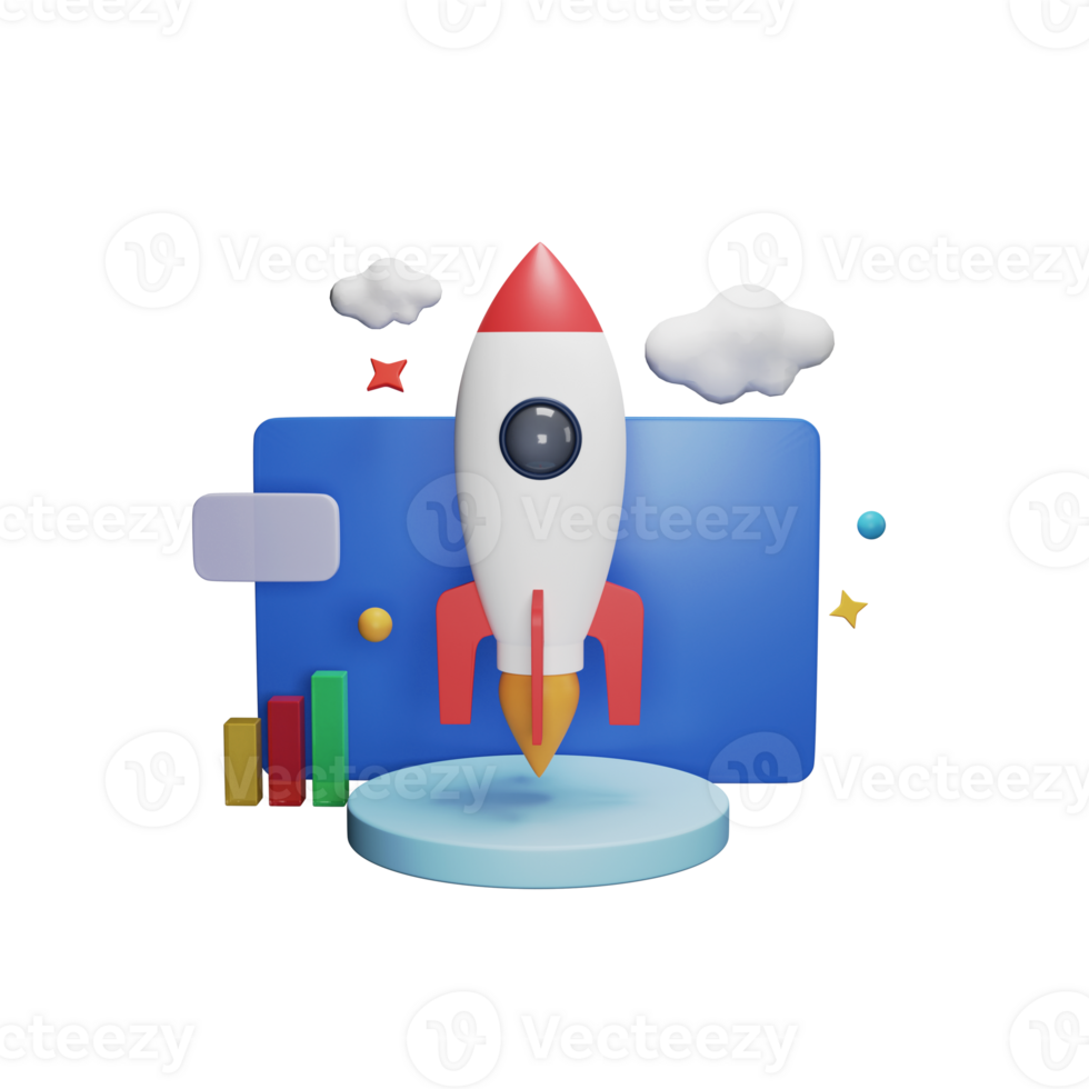 3D Business Startup Concept With Project Rocket Launching From Desktop, Bar Graph png