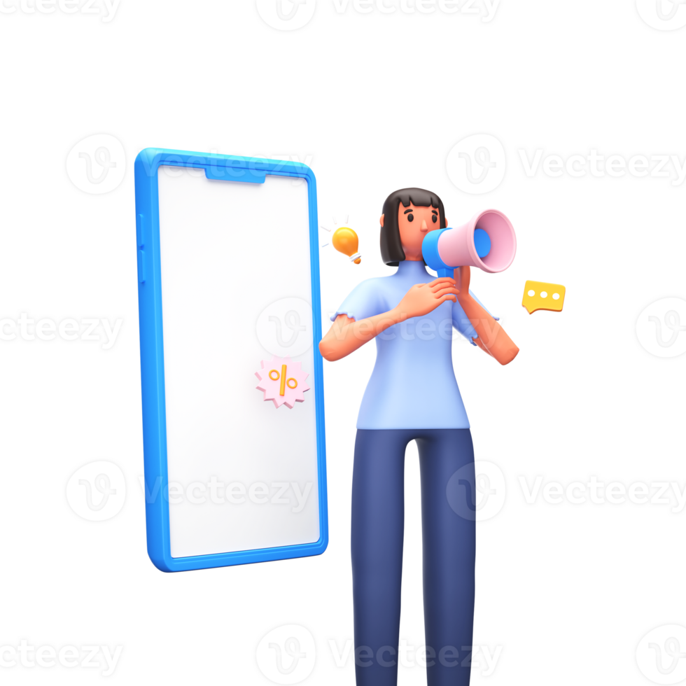 3D Render of Young Woman Announcing With Percentage Label, Smartphone, Light Bulb, Chat Box. png