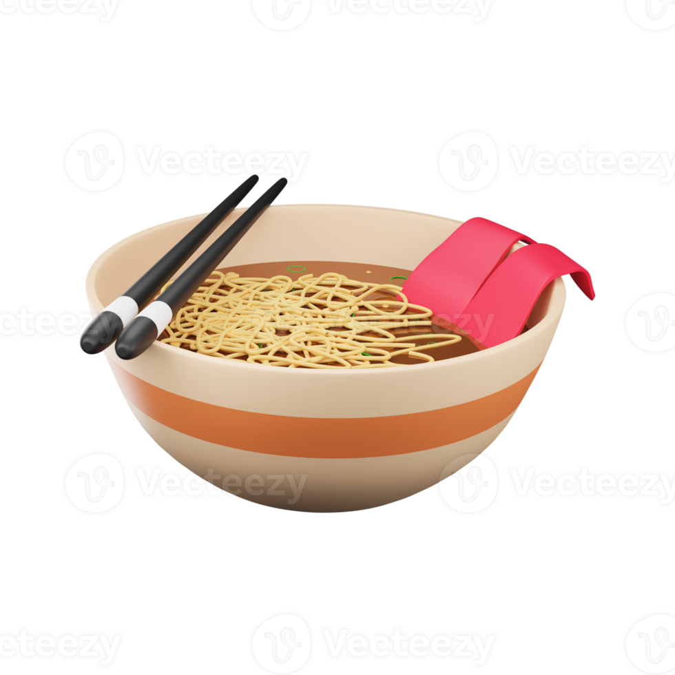 3D Style Chopstick On Salmon Noodles Bowl Realistic Icon. png