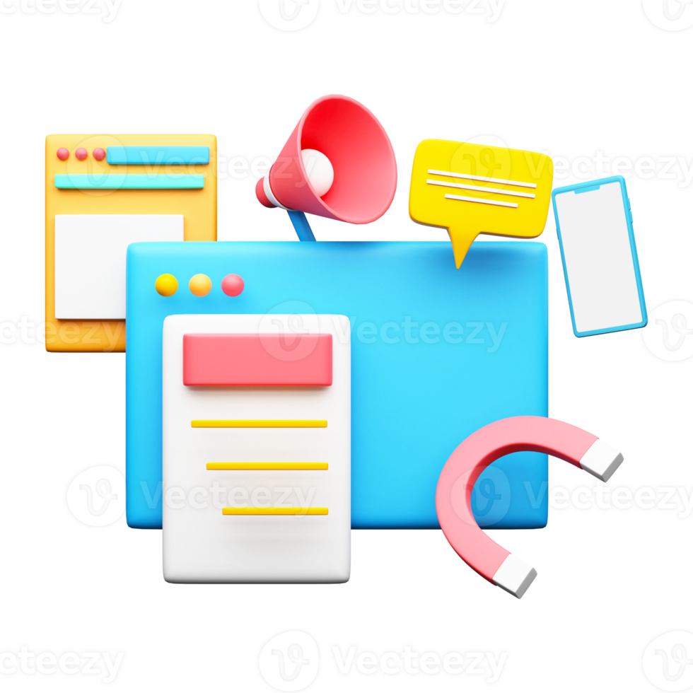 3D Rendering of Web Browser With Magnet, Smartphone, Chat Box, Loudspeaker png
