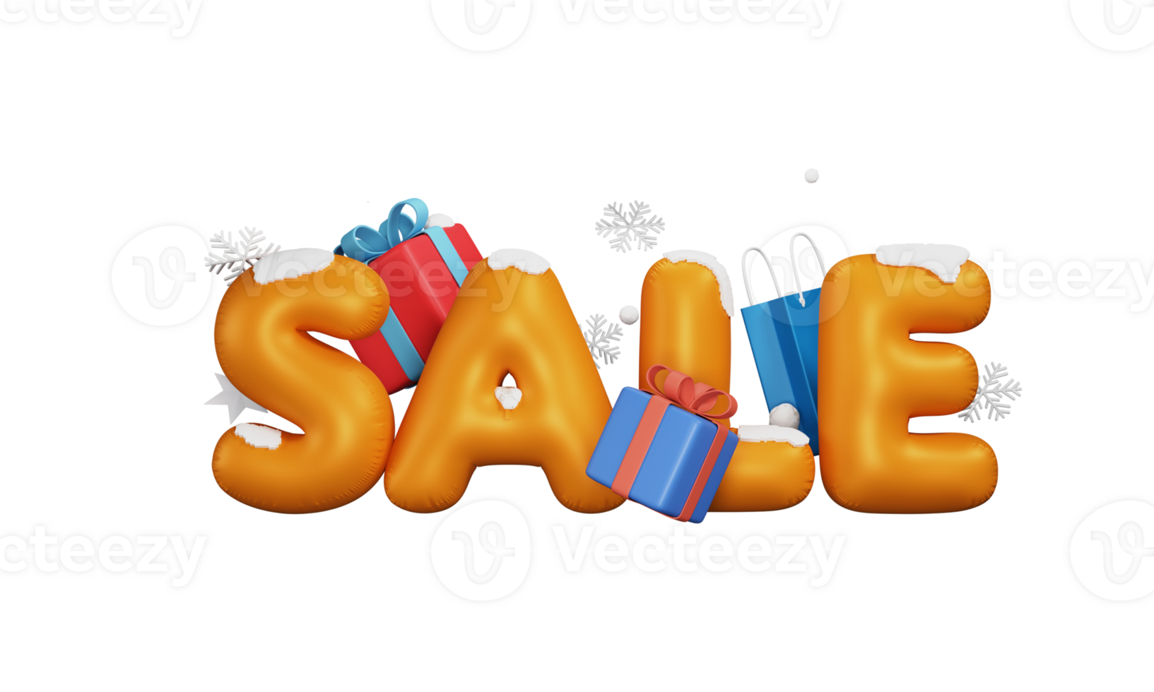 3D Render, Sale Text With Snowflakes, Gift Boxes, Shopping Bag, Stars. png