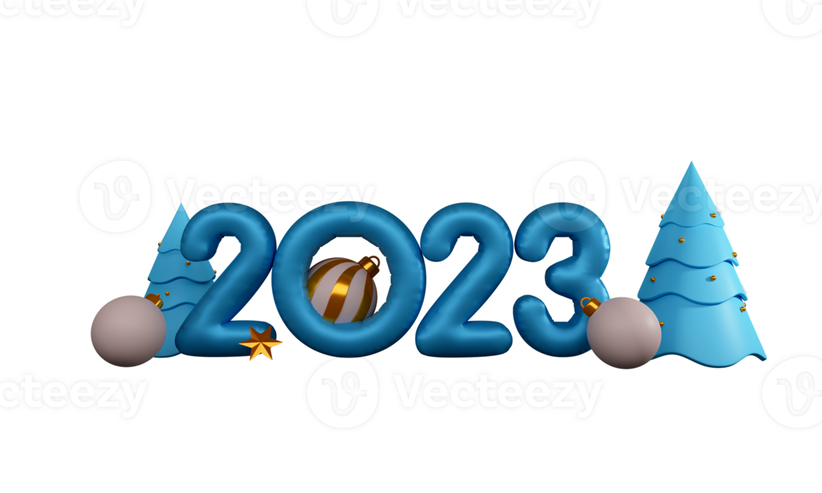 3D Render,  Blue Xmas Trees, Balls and Text 2023 on PNG Background.