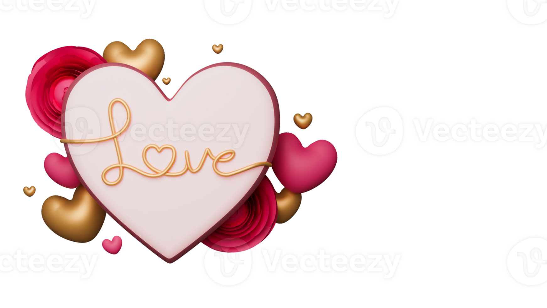3D Render of Golden Love Text On Heart Shape Frame, Paper Roses, Tiny Hearts Elements. png