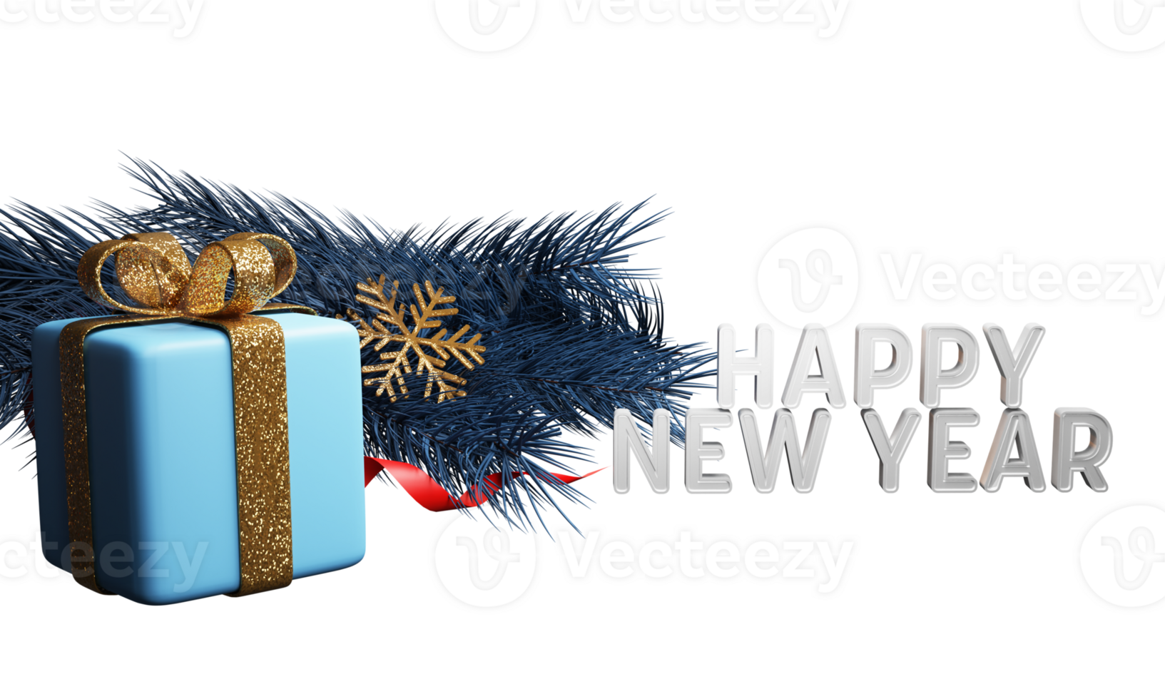 3D Happy New Year Text With Gift Box, Golden Glitter Snowflake, Red Ribbon And Fir Leaves. png