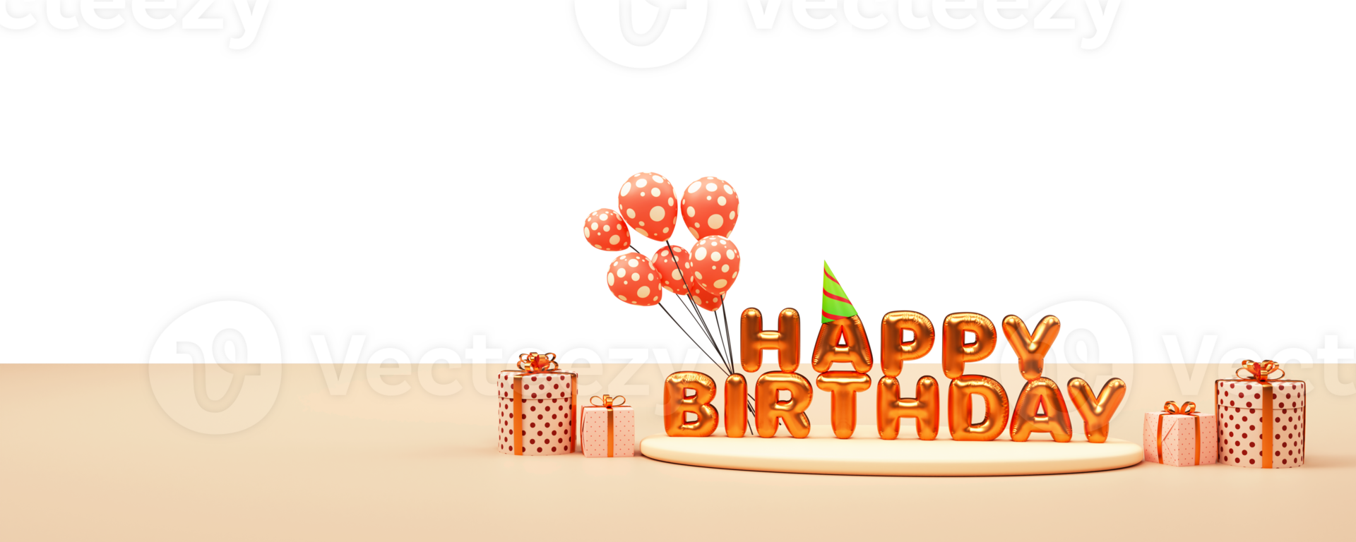 Happy Birthday Text with Gift Boxes on PNG Background.