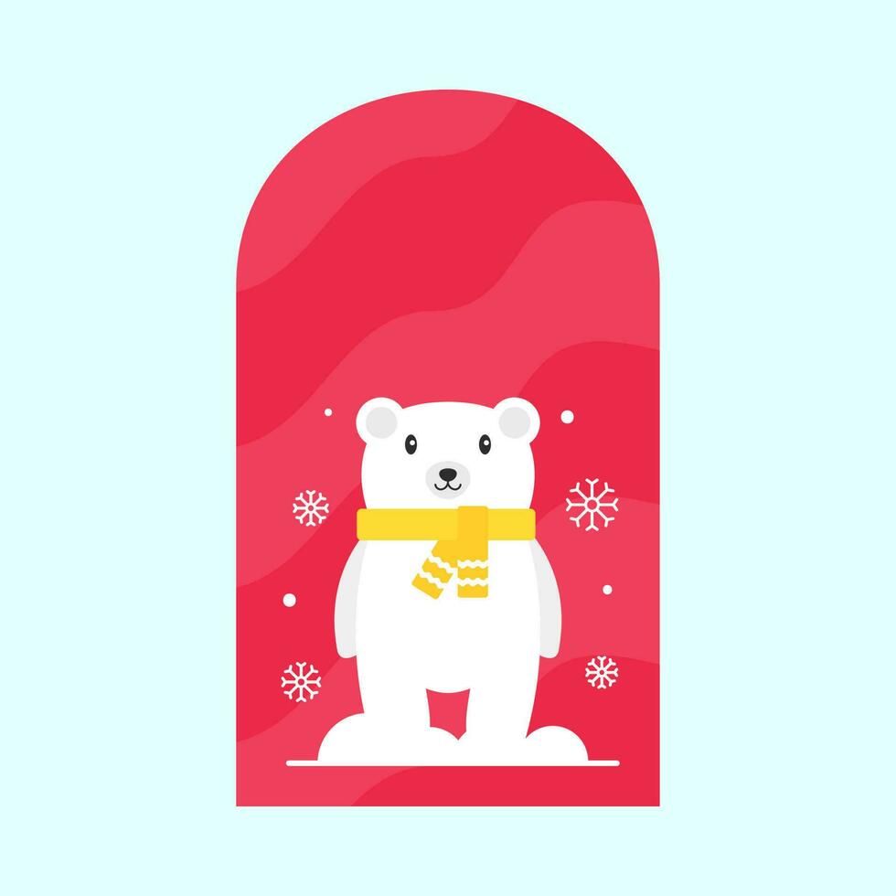 Illustration Of Scarf Wearing Polar Bear With Snowfall At Window On Red And Blue Background. vector