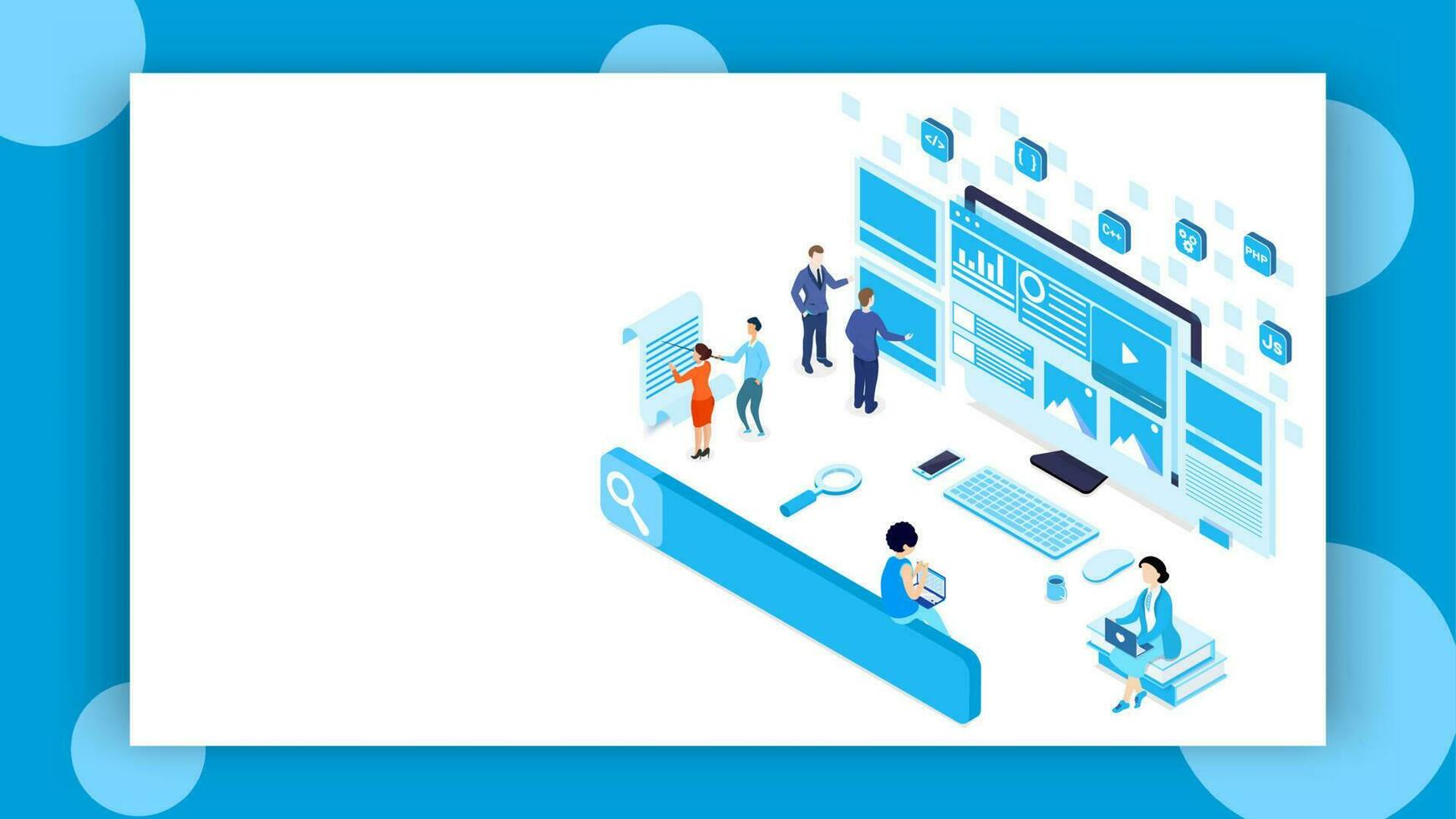 Business people fixing the problem with different programming language signs for Teamwork or Web Development concept based isometric design. vector