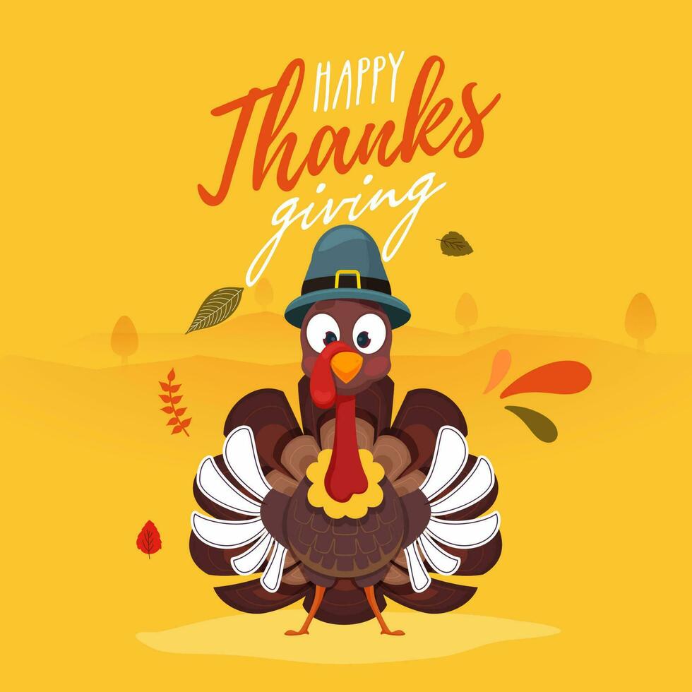 Illustration of turkey wearing pilgrim hat with autumn leaves on yellow background for Happy Thanksgiving celebration poster design. vector