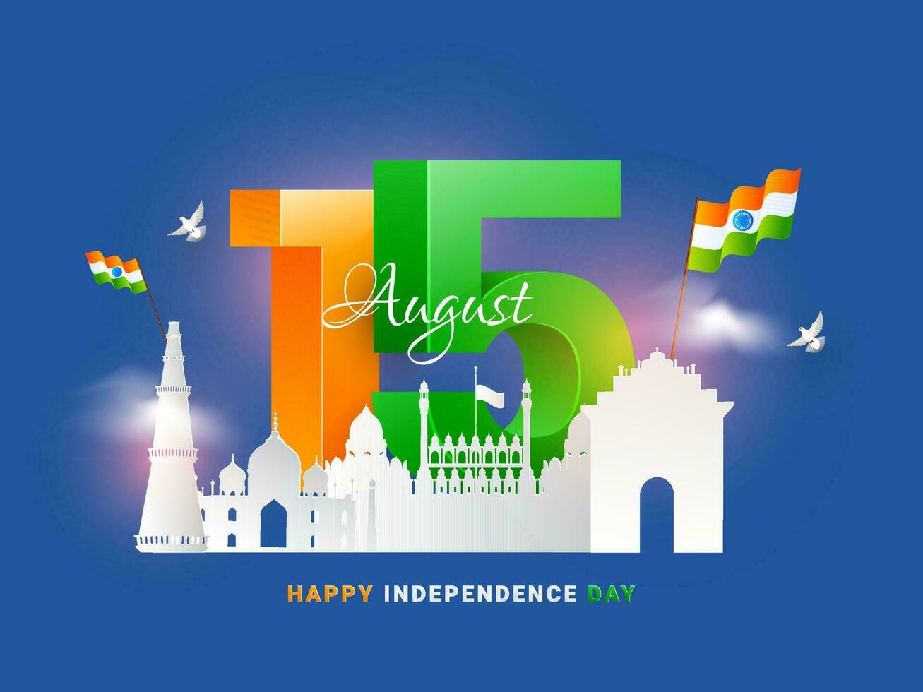 Creative poster or wallpaper design. White paper cutout style famous Indian monuments with realistic 15 August on blue color background. National Event celebration concept. vector