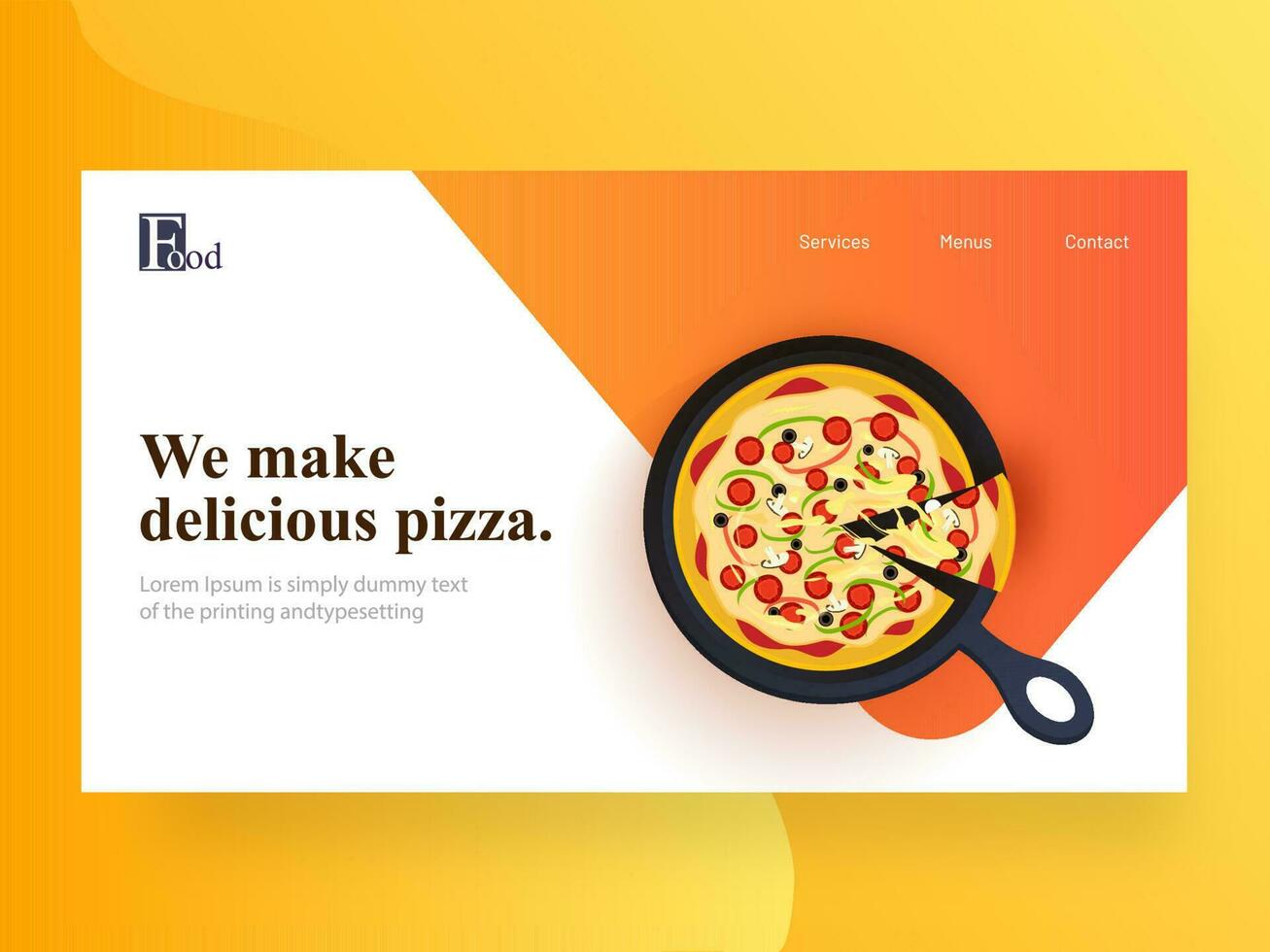 Website landing page design with presented delicious pizza on pan for Restaurant. vector