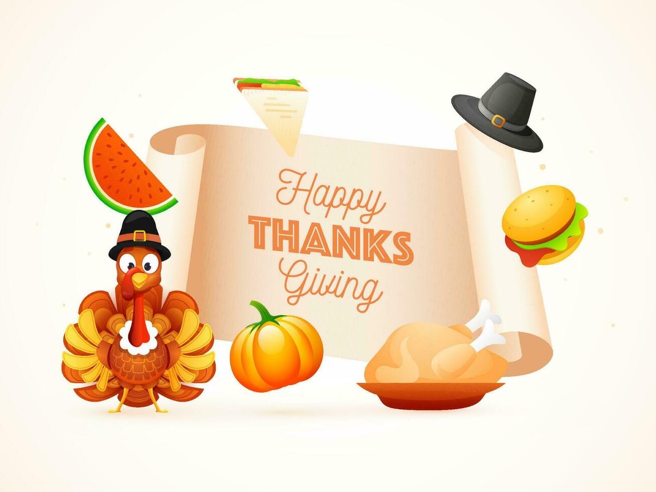 contento acción de gracias texto en Desplazarse papel con Turquía pájaro, hamburguesa, calabaza, pollo, sandía rebanada, peregrino sombrero y emparedado en blanco antecedentes. vector