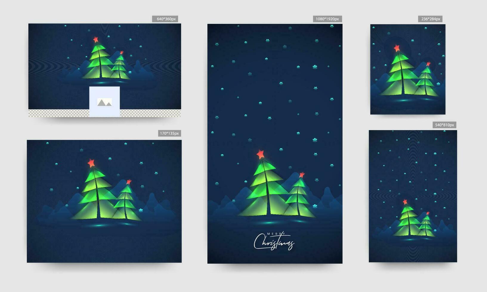 Merry Christmas Celebration Poster and Template Set with Green Paper Cut Xmas Tree and Snowflakes Decorated on Blue Mountains Background. vector