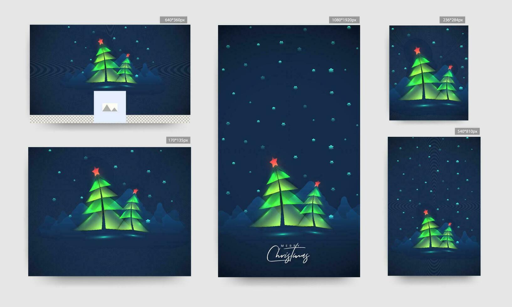 alegre Navidad celebracion póster y modelo conjunto con verde papel cortar Navidad árbol y copos de nieve decorado en azul montañas antecedentes. vector