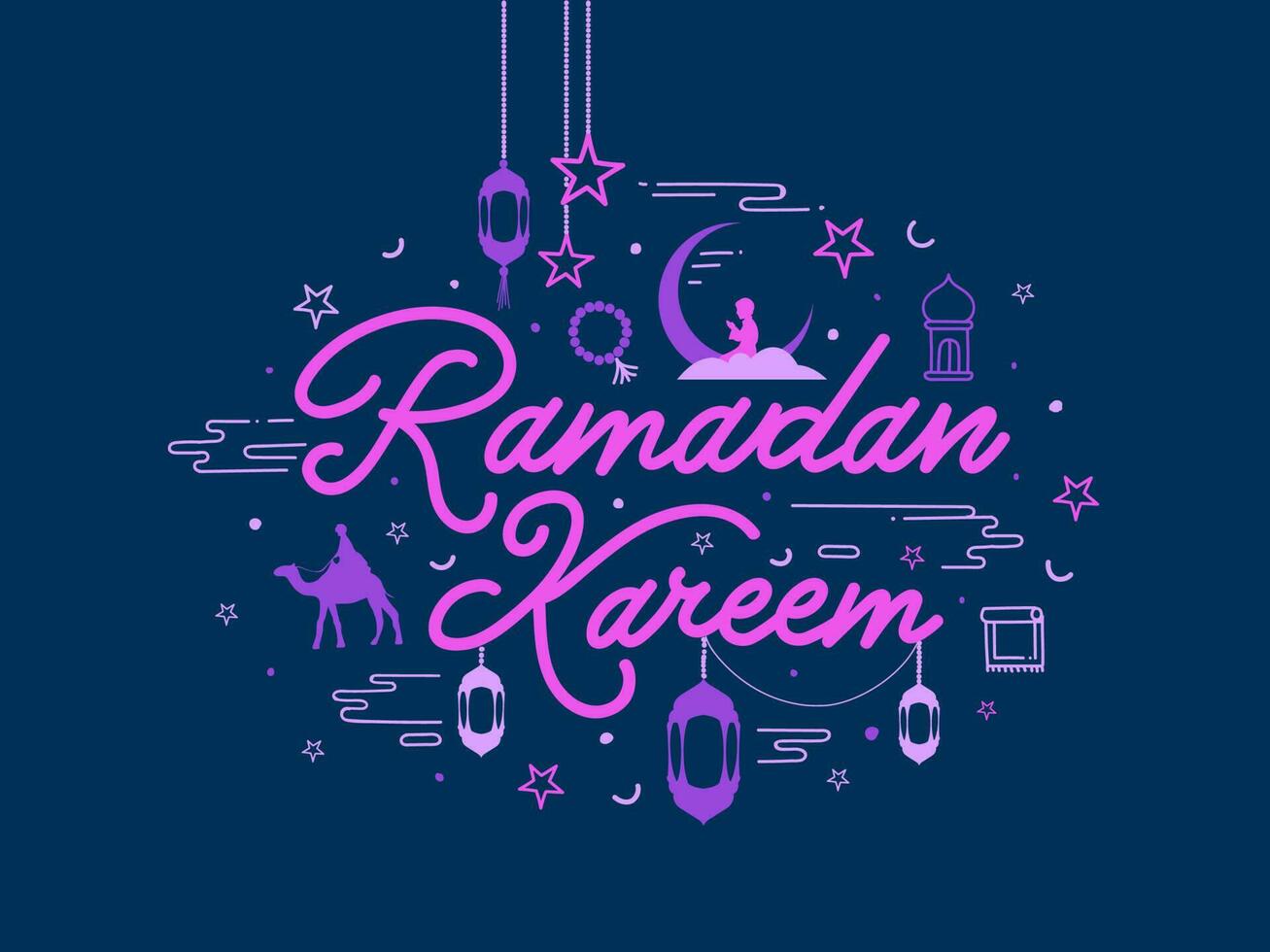 Pink Calligraphy Ramadan Kareem Text with Crescent Moon, Arabic Lanterns, Stars and Camel on Blue Background. vector