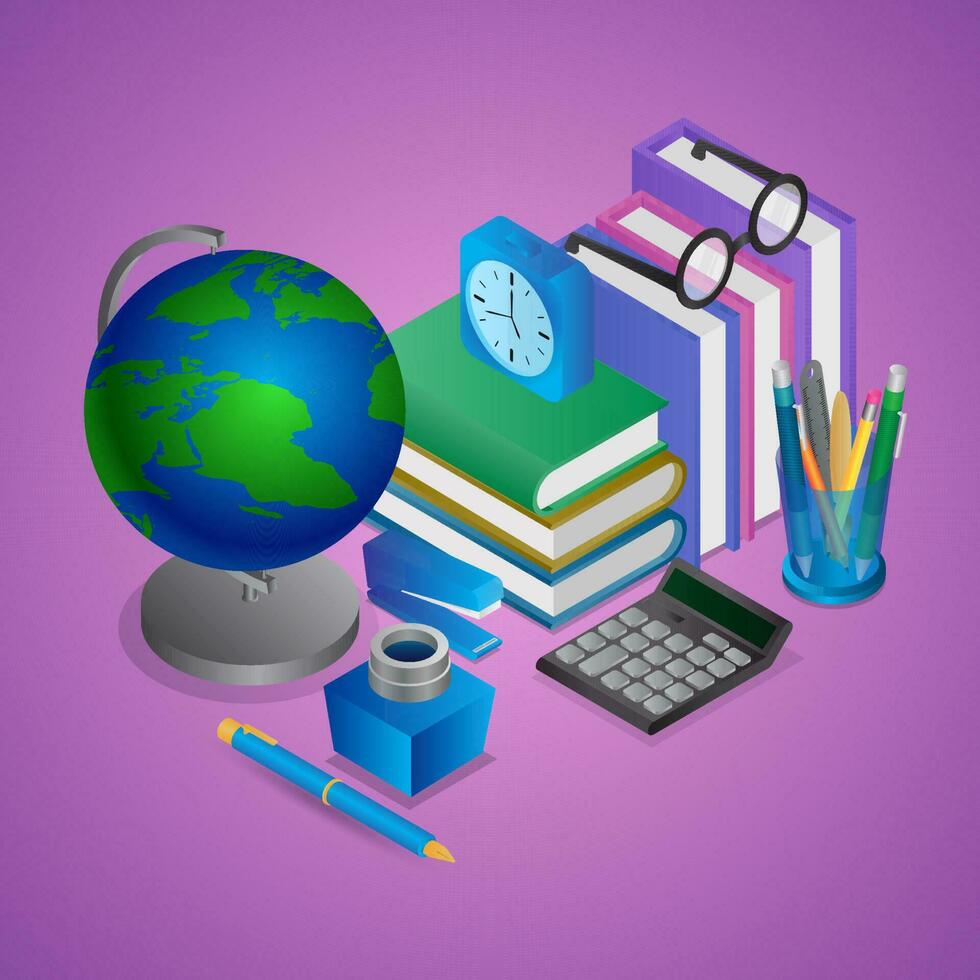 Isometric illustration of education or office element like as world globe, books, pen holder, calculator, alarm clock on purple background. vector