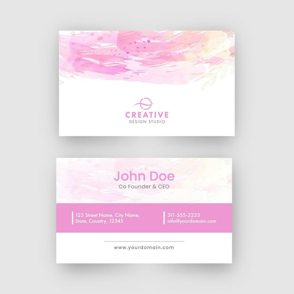 Double-Sided Business Card Design With Pink Water Brush Effect. vector