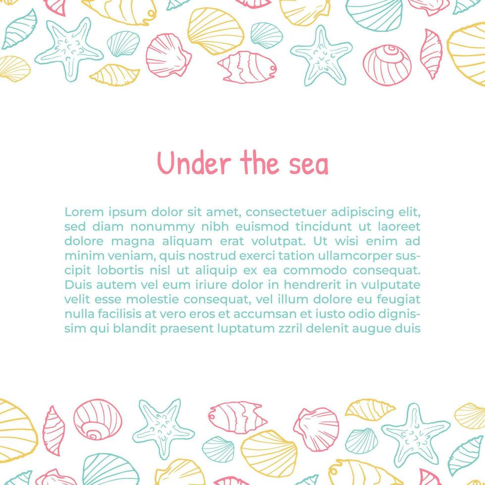 Square banner or poster with hand drawn seashells above and below, sketch vector illustration. banner or leaflet layout for fish restaurant and seafood market.