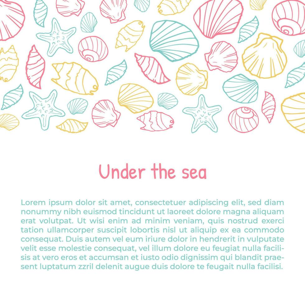 Square banner or poster with hand drawn seashells, barnacles. sketch vector illustration. banner or leaflet layout for fish restaurant and seafood market.