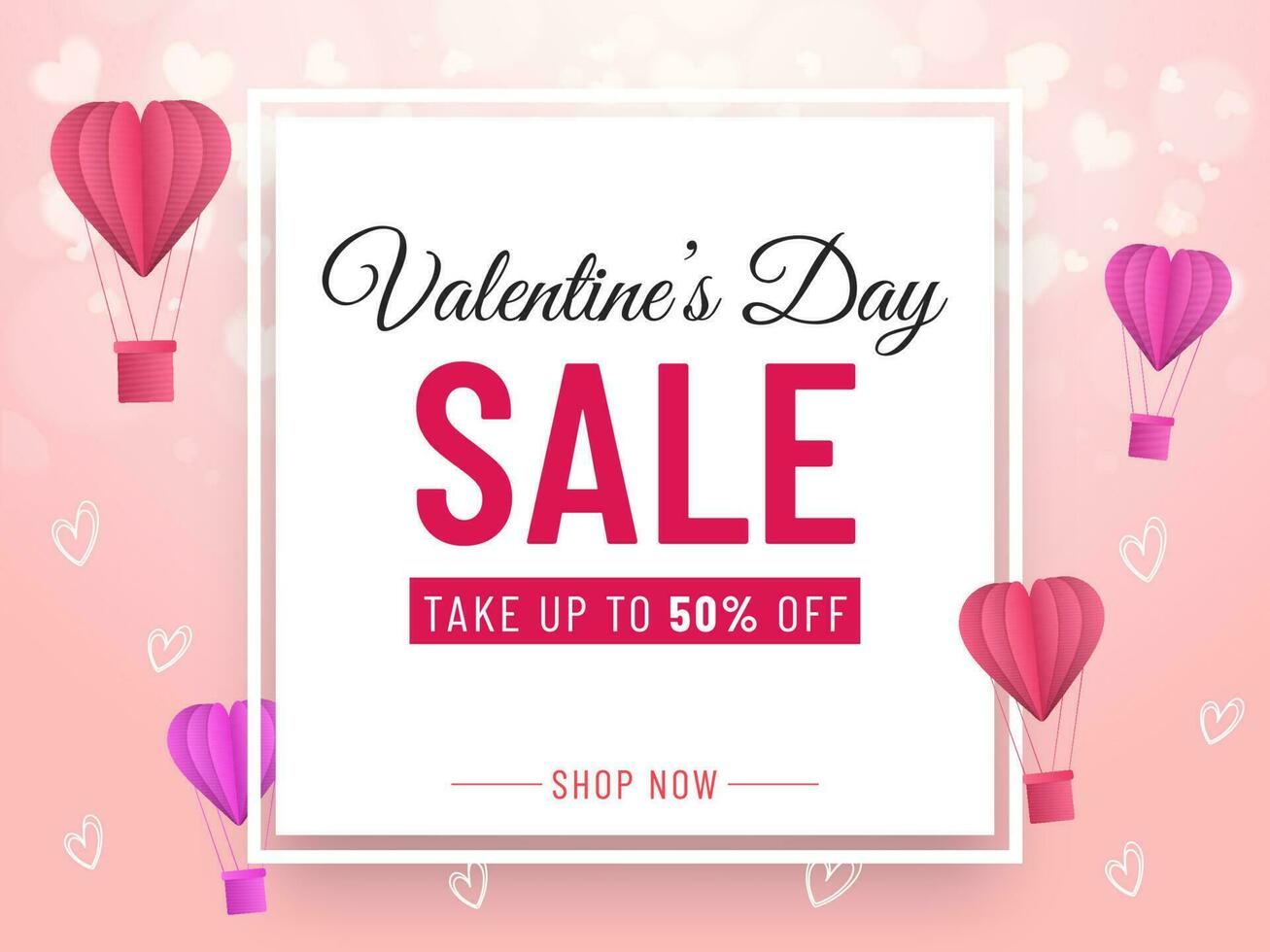 Valentine's Day Sale Banner Design with Discount Offer, Paper Cut Hot Air Balloons and Hearts Decorated on Pink Background. vector