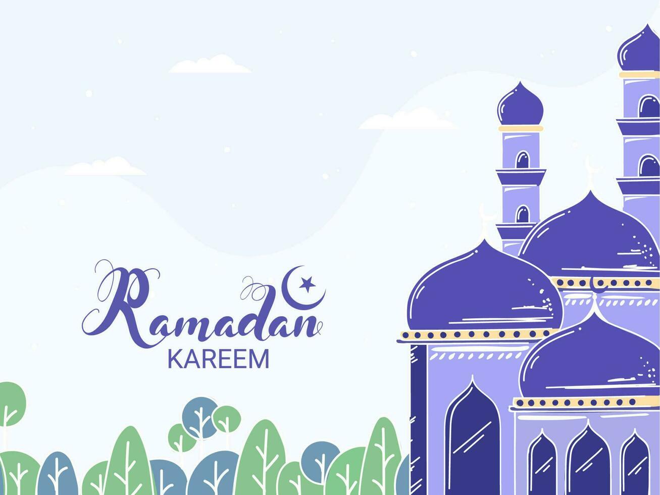 Ramadan Kareem Font with Mosque and Tree on White Background. vector